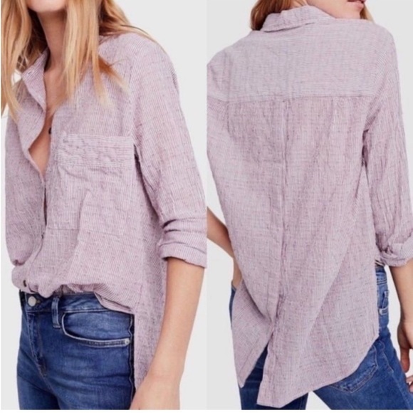 Free People No Limits Striped Split Back Top Red Pink Sangria Combo Button Front - Picture 1 of 12